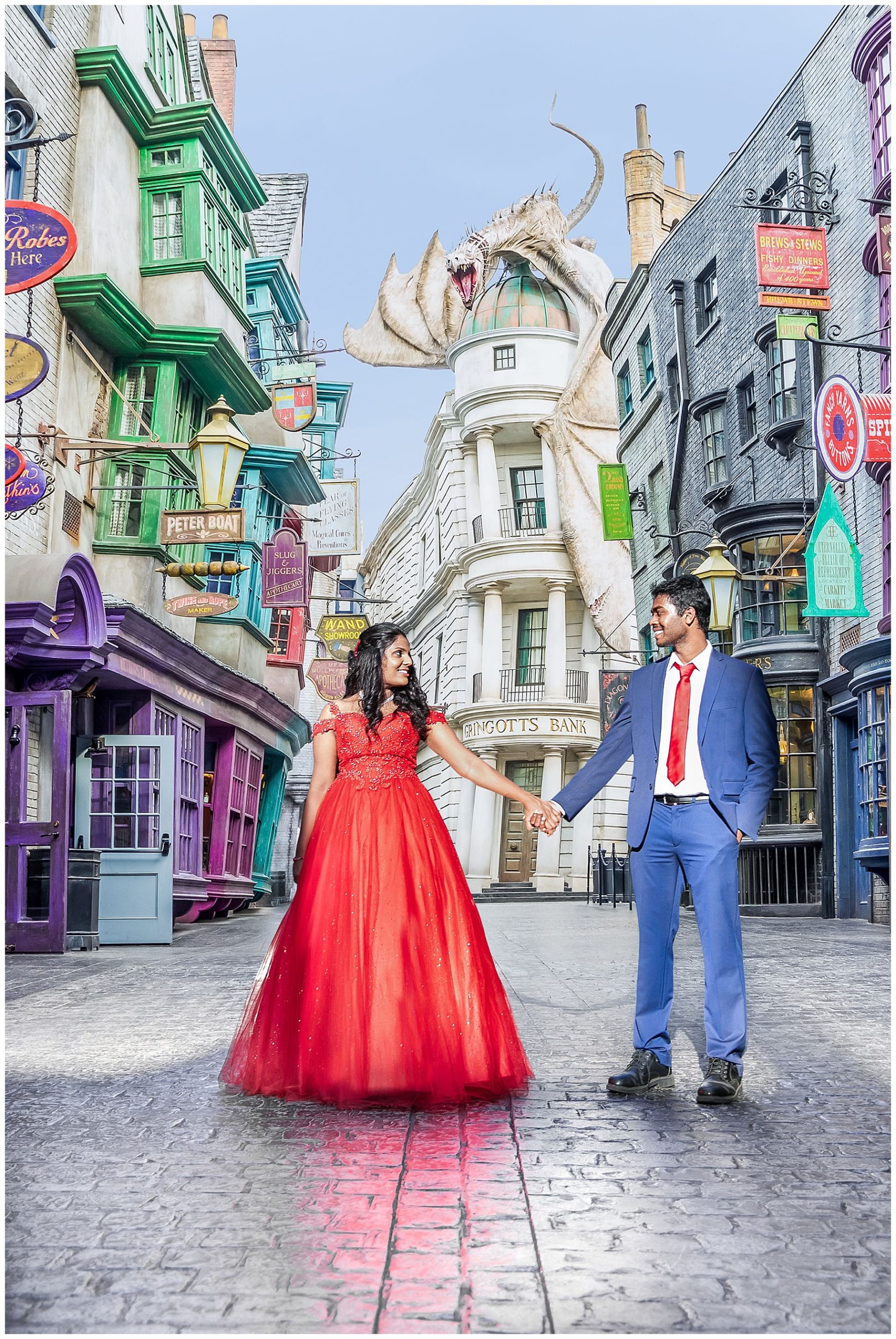 couple standing together during engagement session at digaon alley universal Orlando